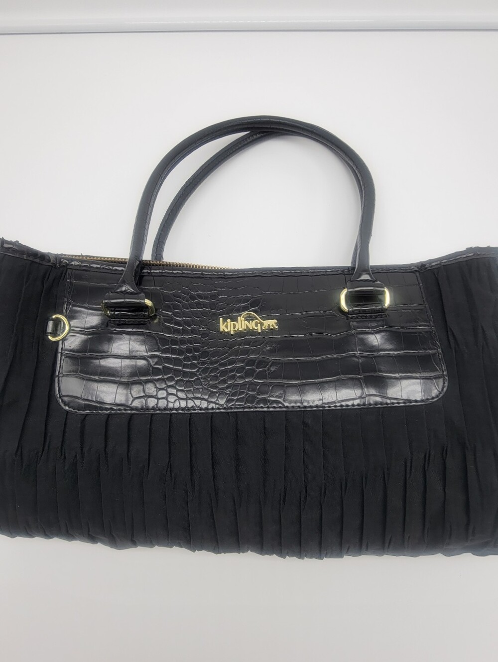 Kipling Black Pleated Shoulder Bag with Croc-Embossed Trim